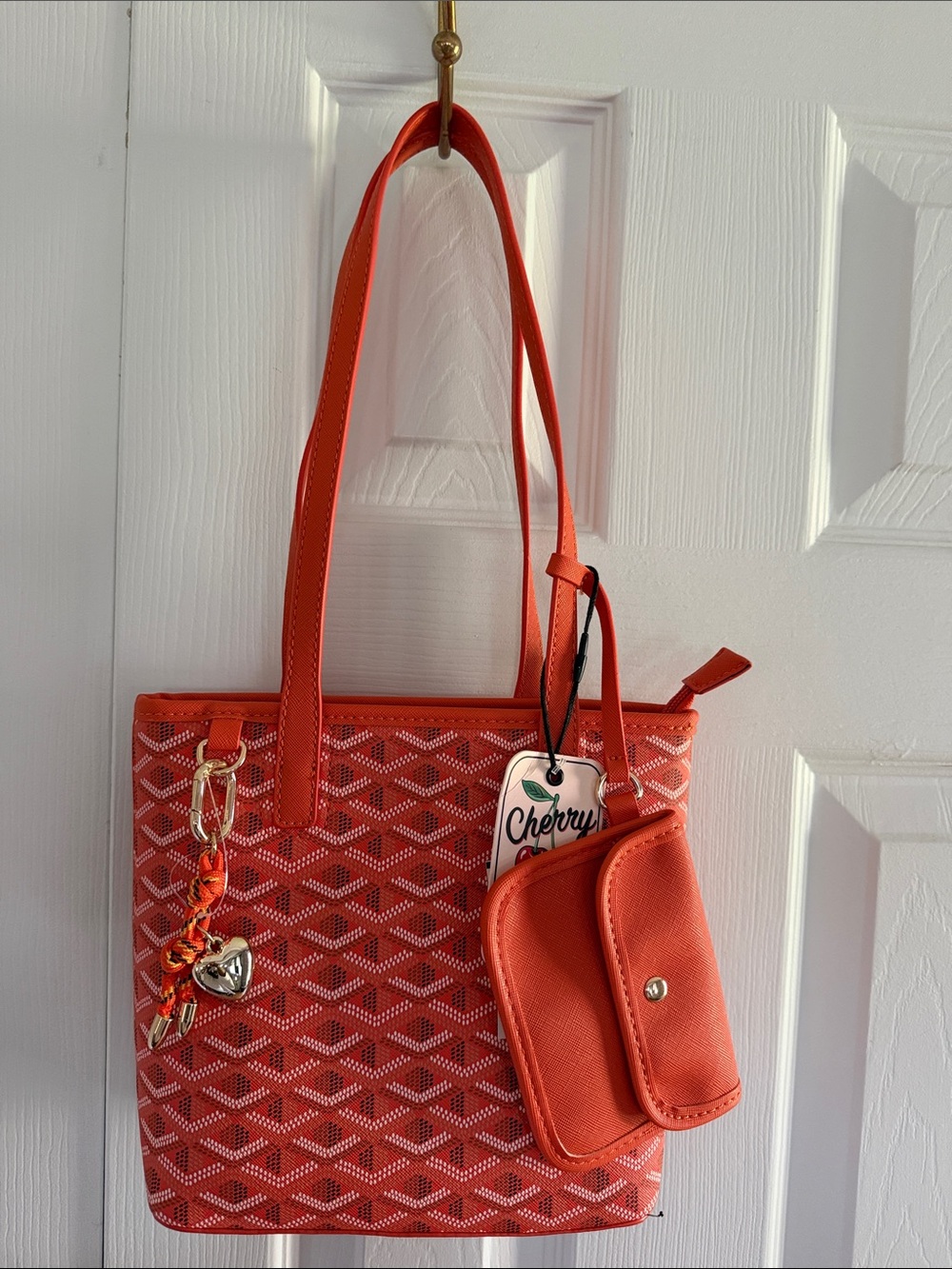 NWT Vibrant Orange Geometric Pattern Tote Bag w/ Attachments & Charm